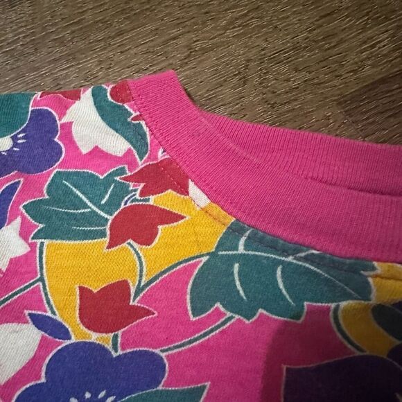 Vintage Gitano Girls Floral Ringer Shirt Pink Girls Size L 14 Cotton Retro 90s - Picture 7 of 11